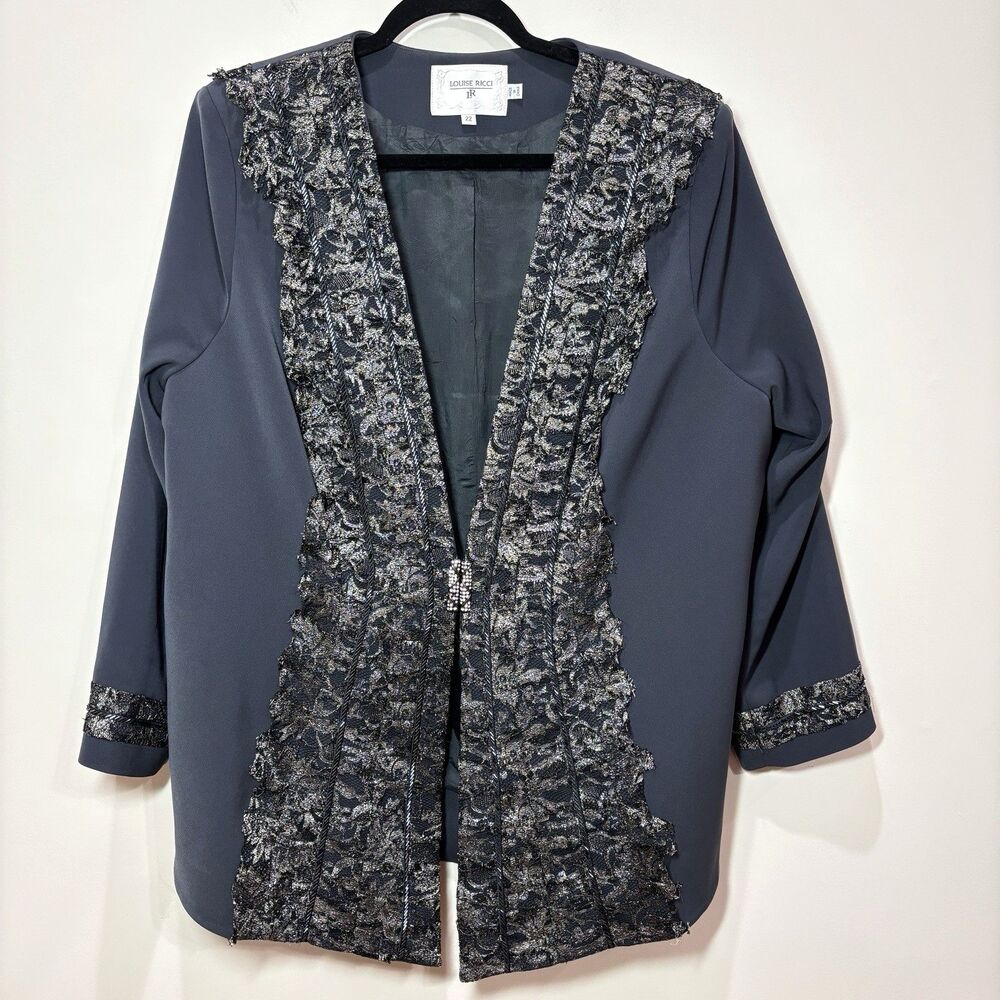 Louise Ricci Black Evening Jacket Women 22 Lace Ruffles Metallic Beaded Wedding